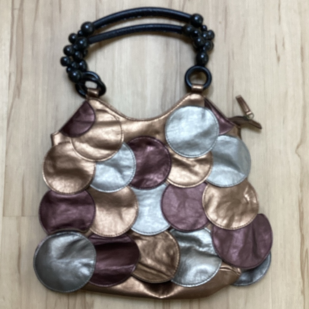 GAL Patchwork Bronze Gold Silver Metallic Circles Wood Bead Handles Purse Boho